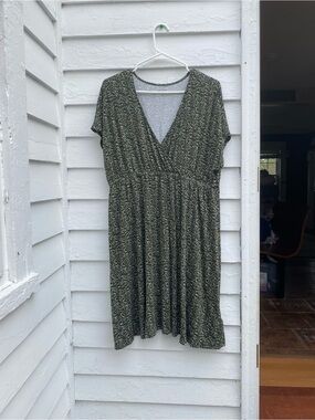 Olive Green Floral Surplice Midi Dress